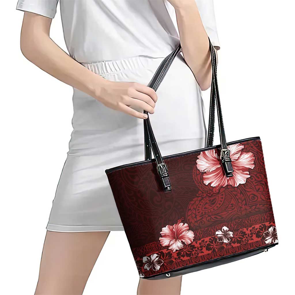 Hawaii Hibiscus With Oxblood Polynesian Pattern Leather Tote Bag LT05 - Polynesian Pride