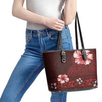 Hawaii Hibiscus With Oxblood Polynesian Pattern Leather Tote Bag LT05 - Polynesian Pride