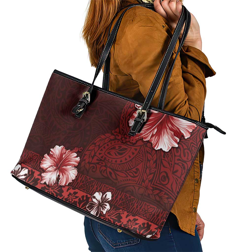 Hawaii Hibiscus With Oxblood Polynesian Pattern Leather Tote Bag LT05 - Polynesian Pride