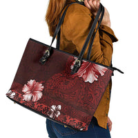 Hawaii Hibiscus With Oxblood Polynesian Pattern Leather Tote Bag LT05 - Polynesian Pride