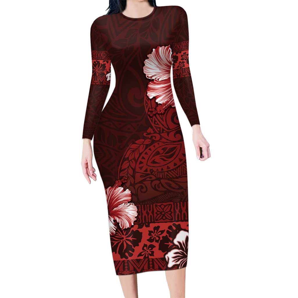 Hawaii Hibiscus With Oxblood Polynesian Pattern Long Sleeve Bodycon Dress