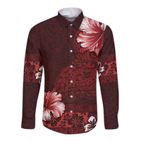 Hawaii Hibiscus With Oxblood Polynesian Pattern Long Sleeve Button Shirt