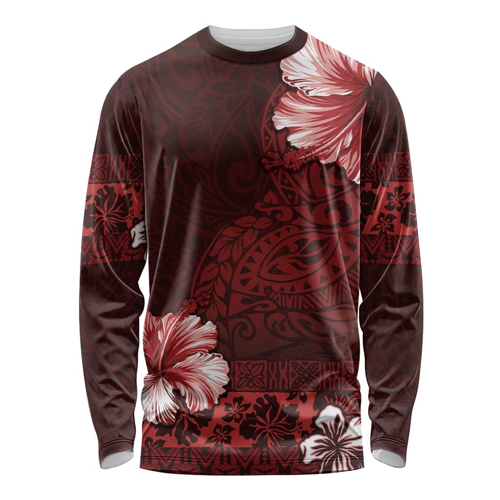 Hawaii Hibiscus With Oxblood Polynesian Pattern Long Sleeve Shirt