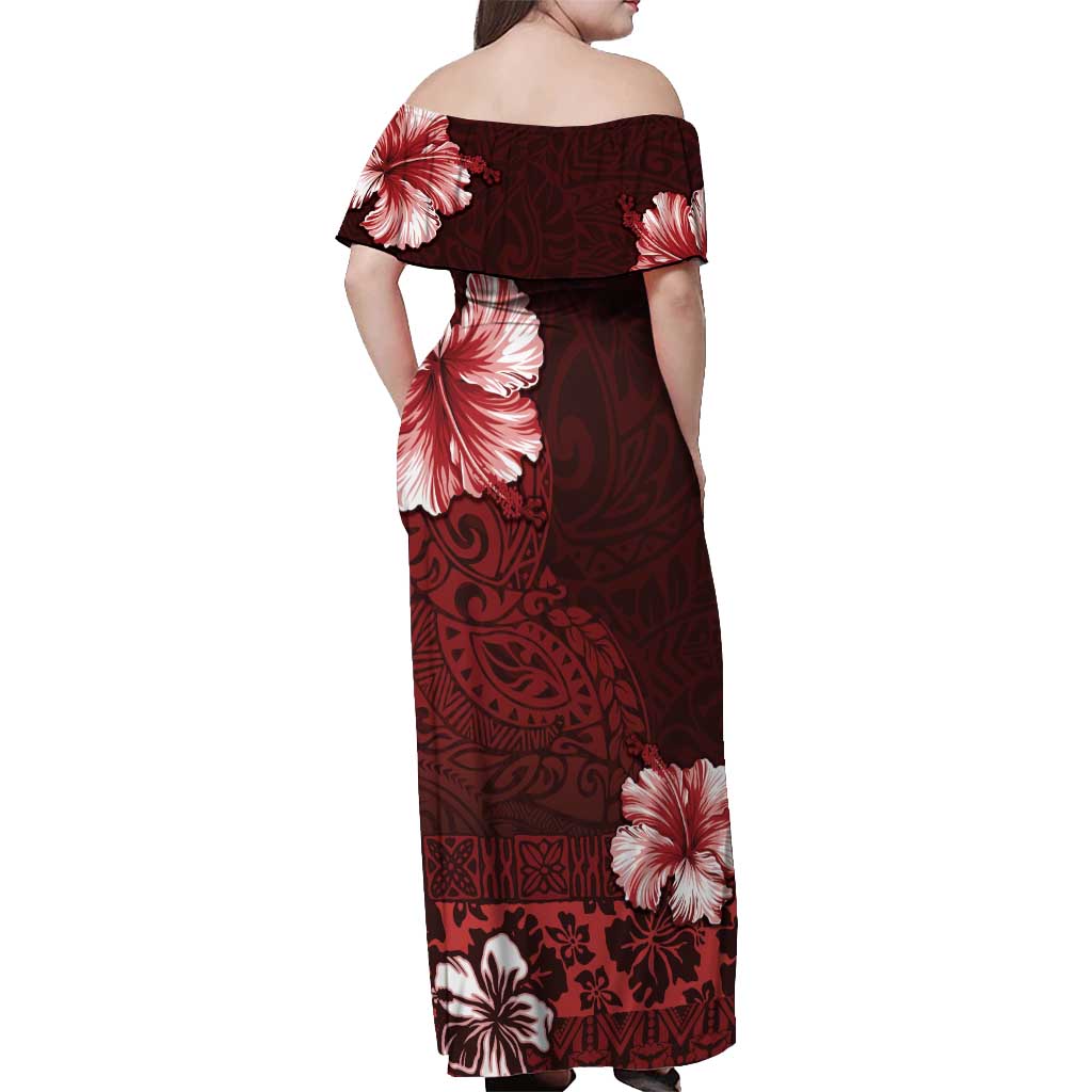Hawaii Hibiscus With Oxblood Polynesian Pattern Off Shoulder Maxi Dress LT05 - Polynesian Pride