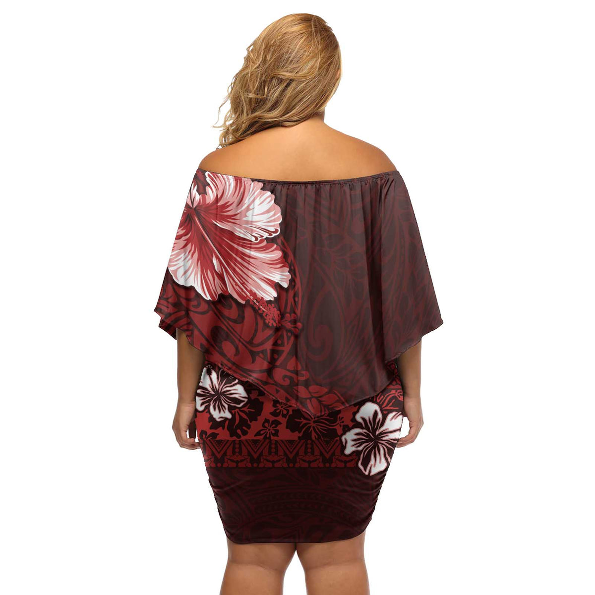 Hawaii Hibiscus With Oxblood Polynesian Pattern Off Shoulder Short Dress LT05 - Polynesian Pride