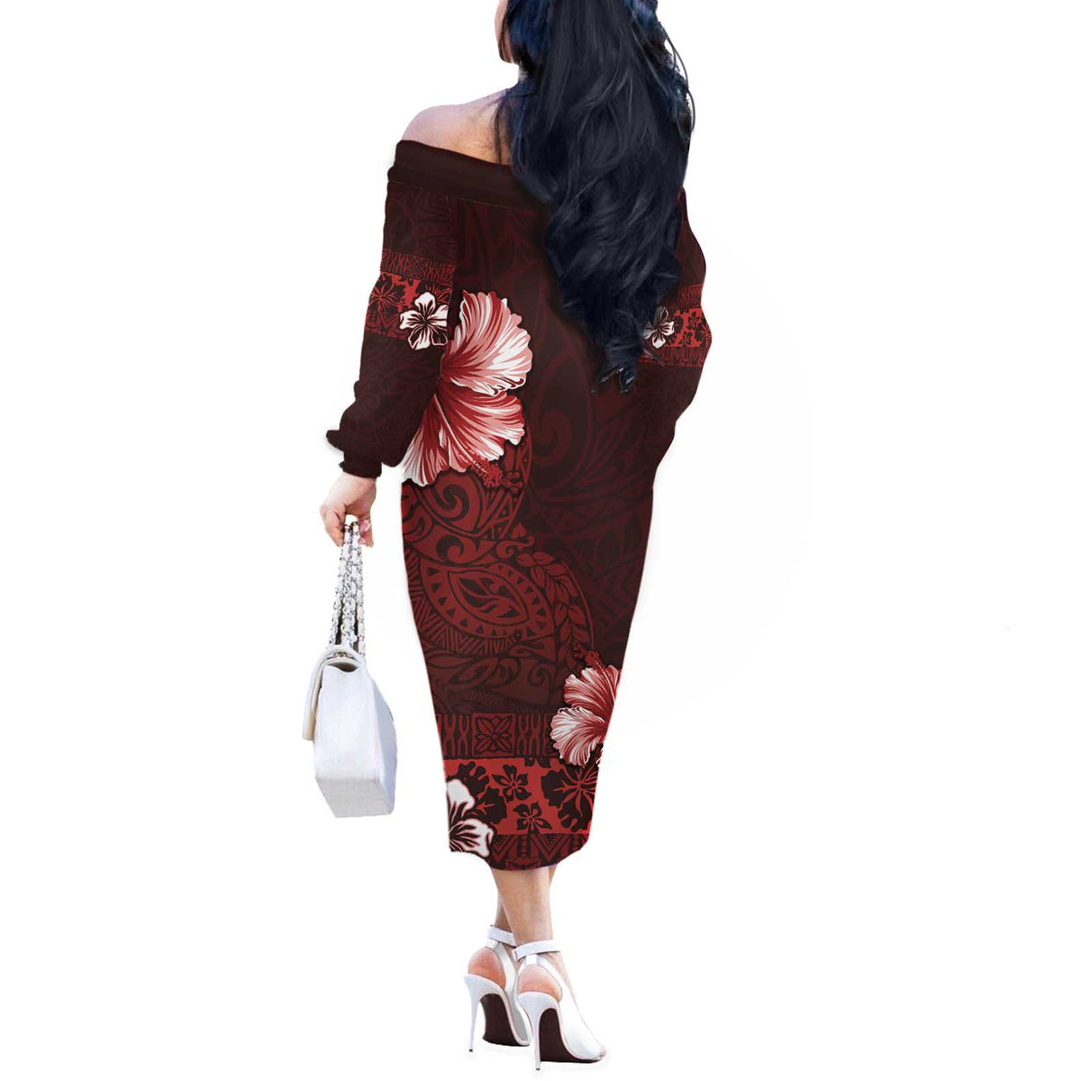Hawaii Hibiscus With Oxblood Polynesian Pattern Off The Shoulder Long Sleeve Dress LT05 - Polynesian Pride