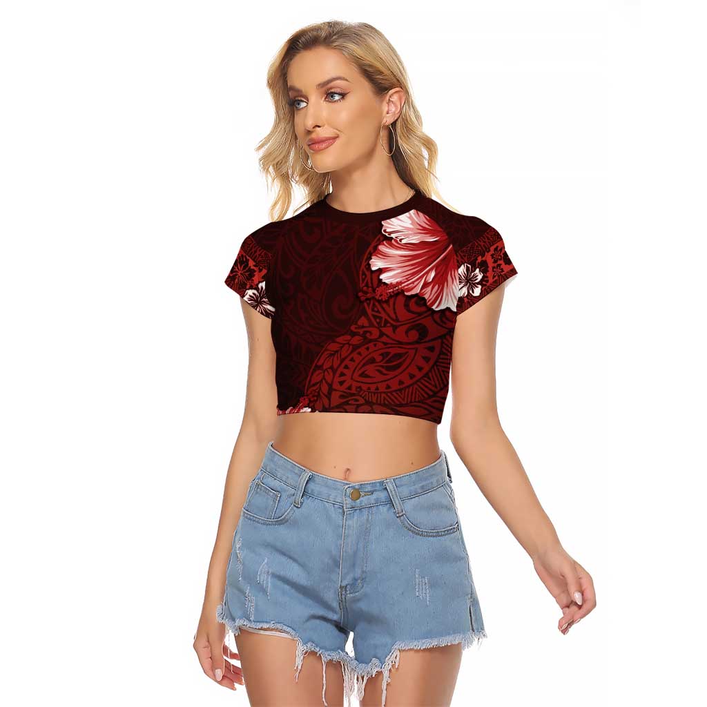 Hawaii Hibiscus With Oxblood Polynesian Pattern Raglan Cropped T Shirt