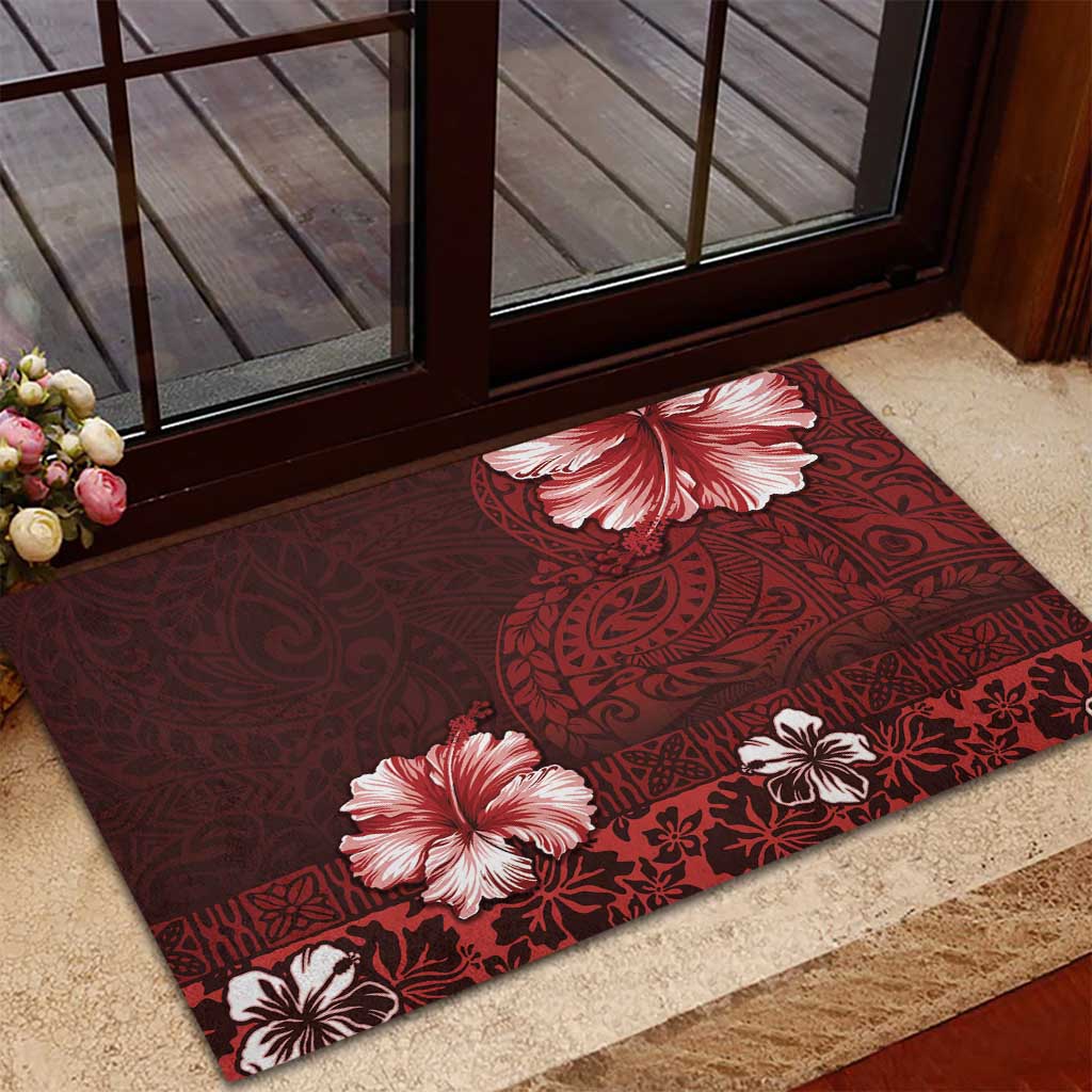 Hawaii Hibiscus With Oxblood Polynesian Pattern Rubber Doormat LT05 - Polynesian Pride