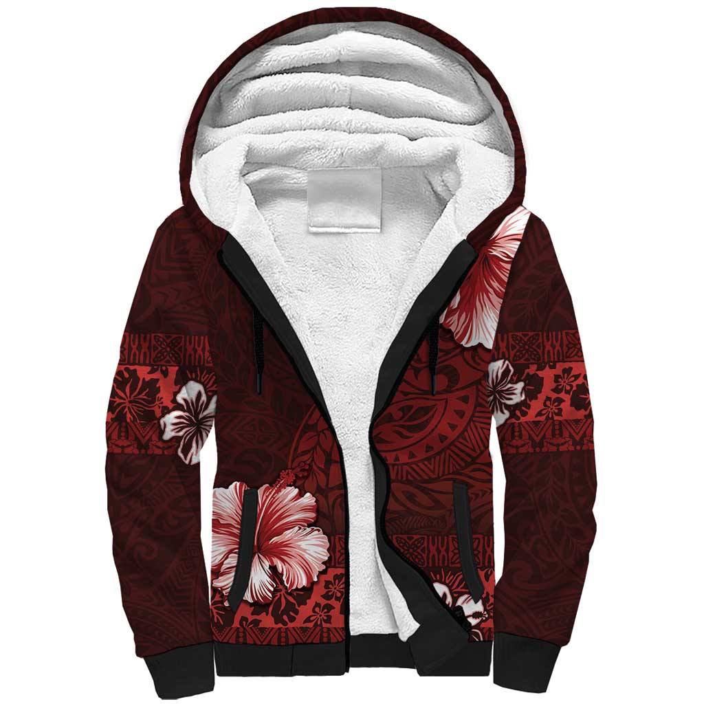 Hawaii Hibiscus With Oxblood Polynesian Pattern Sherpa Hoodie LT05 Unisex Red - Polynesian Pride