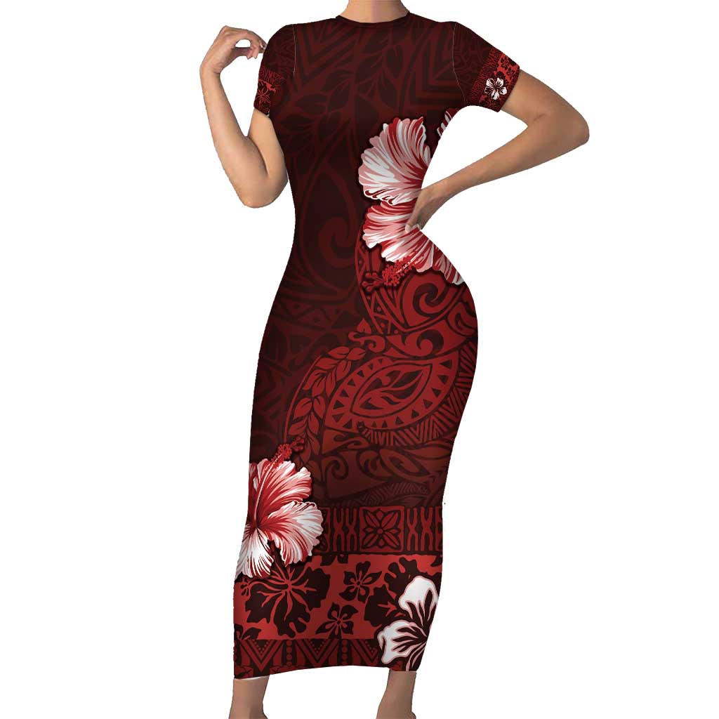 Hawaii Hibiscus With Oxblood Polynesian Pattern Short Sleeve Bodycon Dress