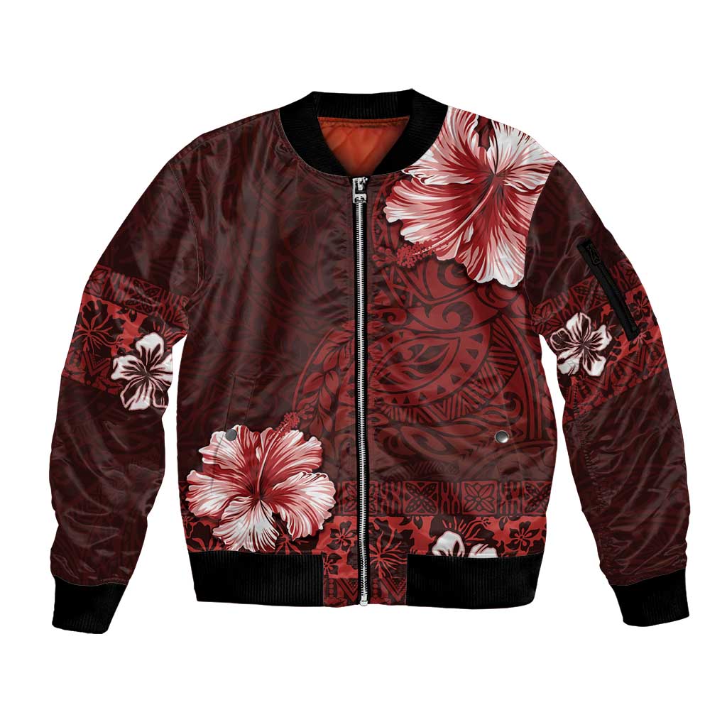 Hawaii Hibiscus With Oxblood Polynesian Pattern Sleeve Zip Bomber Jacket