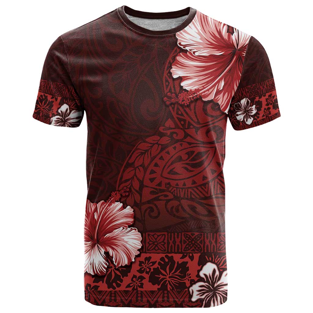 Hawaii Hibiscus With Oxblood Polynesian Pattern T Shirt