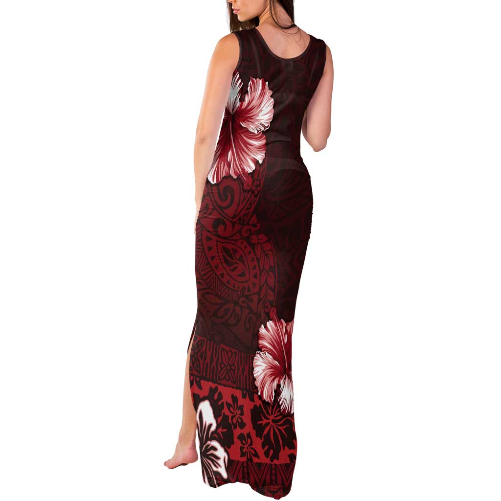 Hawaii Hibiscus With Oxblood Polynesian Pattern Tank Maxi Dress LT05 - Polynesian Pride