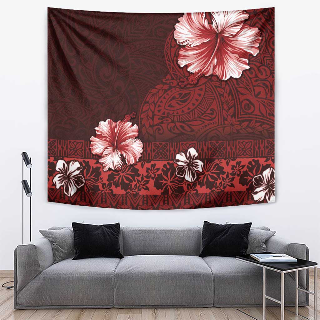 Hawaii Hibiscus With Oxblood Polynesian Pattern Tapestry