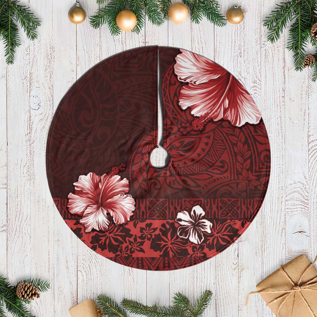 Hawaii Hibiscus With Oxblood Polynesian Pattern Tree Skirt