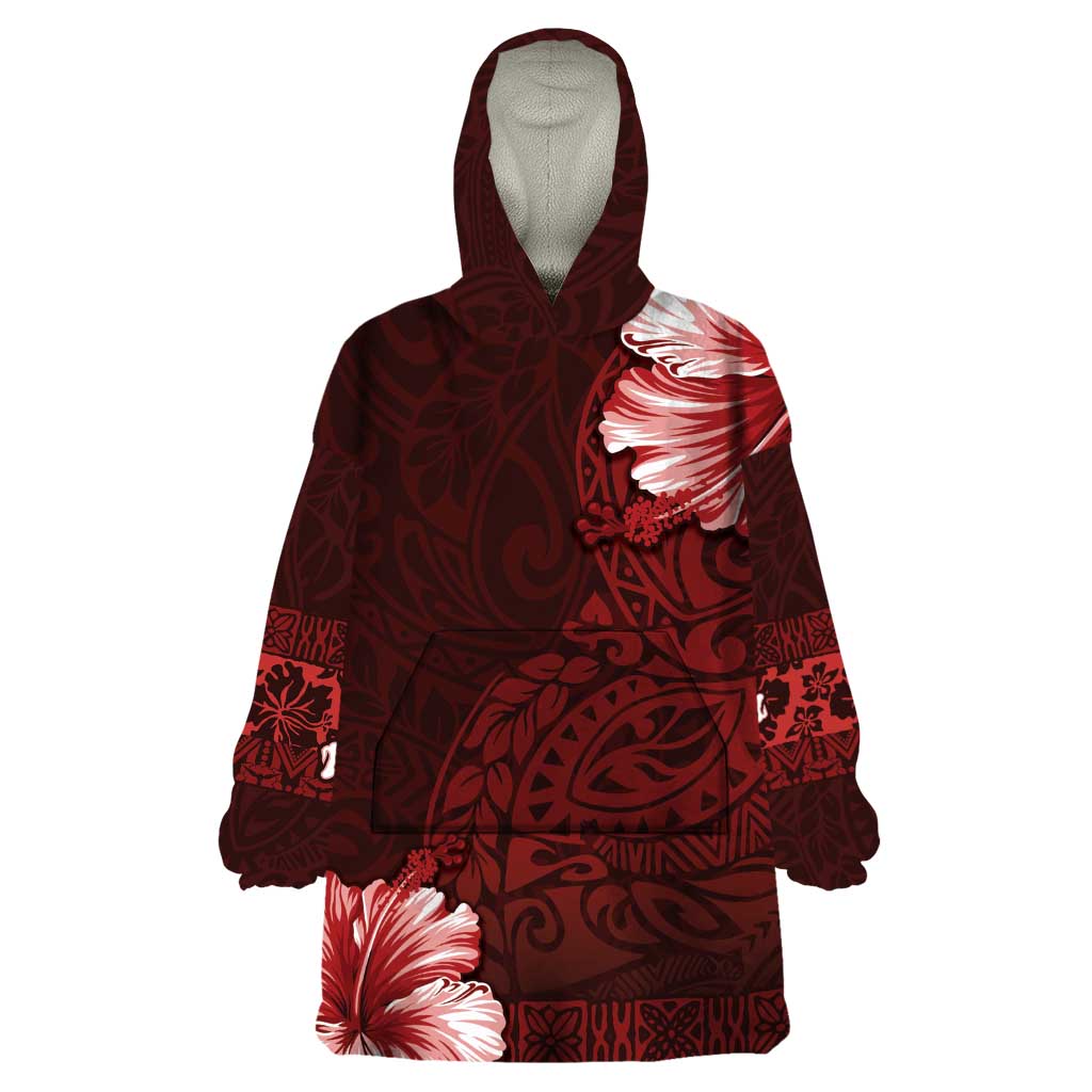 Hawaii Hibiscus With Oxblood Polynesian Pattern Wearable Blanket Hoodie LT05 One Size Red - Polynesian Pride