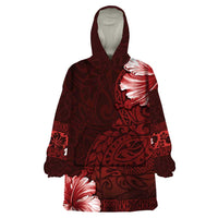 Hawaii Hibiscus With Oxblood Polynesian Pattern Wearable Blanket Hoodie LT05 One Size Red - Polynesian Pride