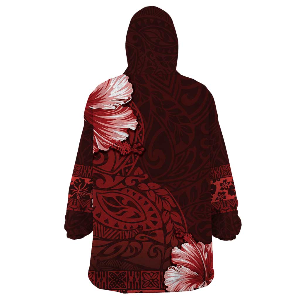 Hawaii Hibiscus With Oxblood Polynesian Pattern Wearable Blanket Hoodie LT05 - Polynesian Pride