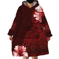 Hawaii Hibiscus With Oxblood Polynesian Pattern Wearable Blanket Hoodie LT05 - Polynesian Pride
