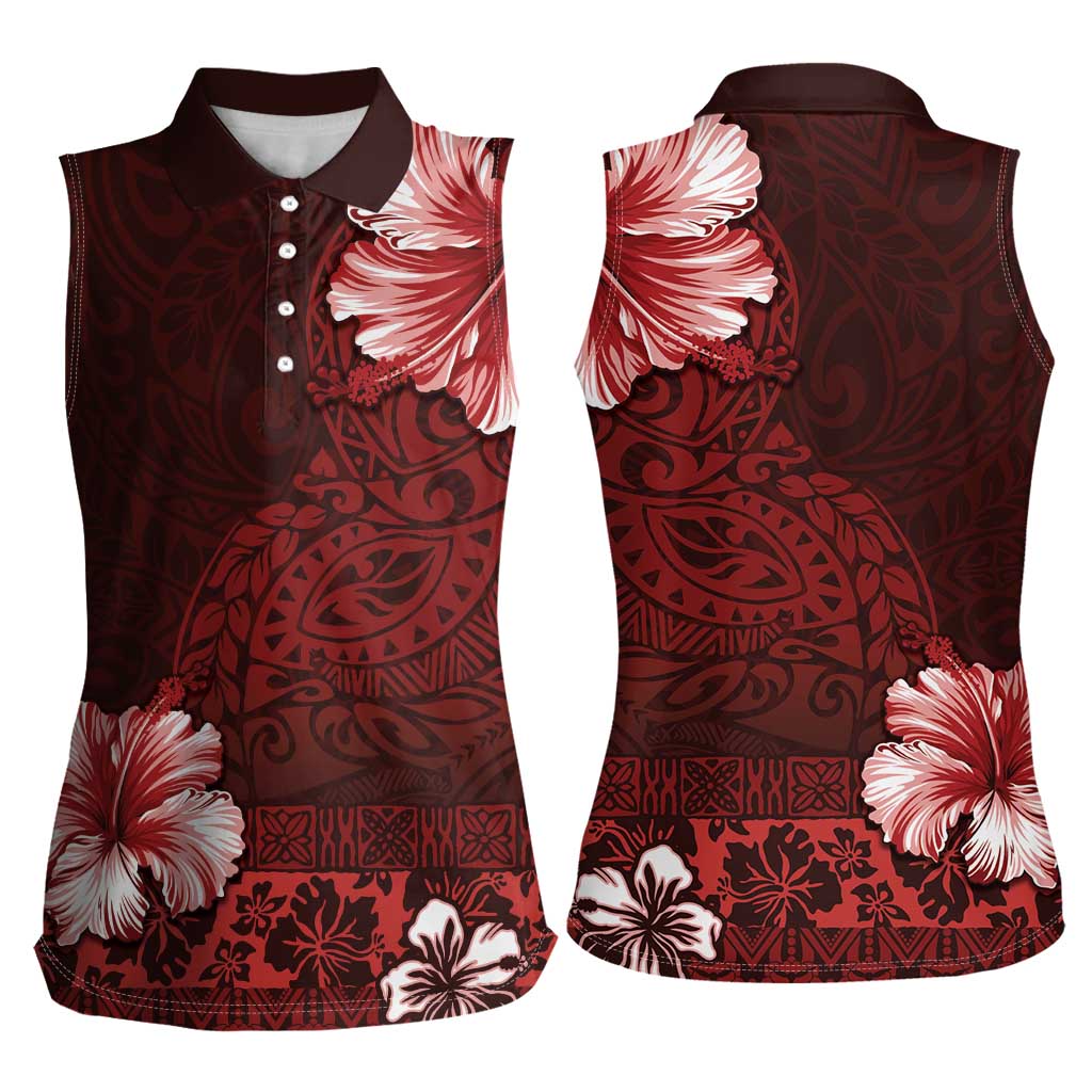 Hawaii Hibiscus With Oxblood Polynesian Pattern Women Sleeveless Polo Shirt
