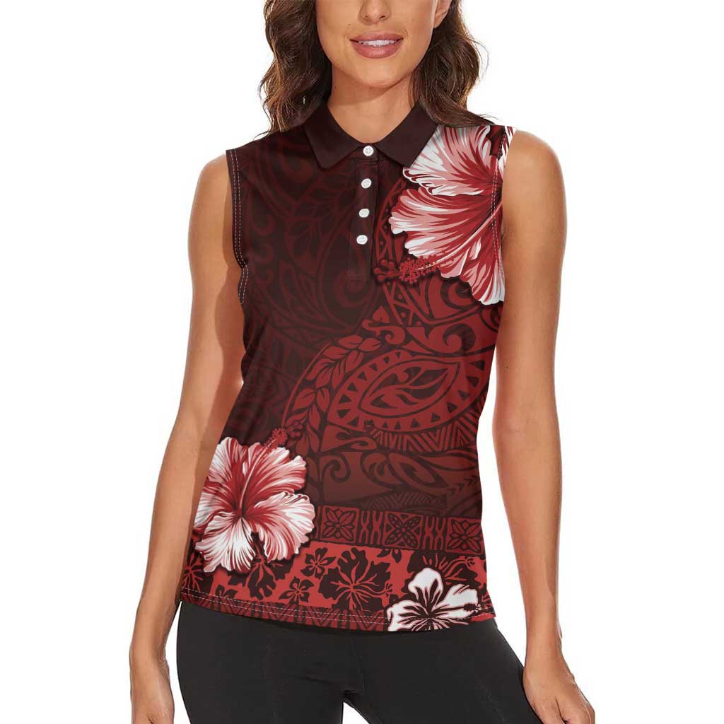 Hawaii Hibiscus With Oxblood Polynesian Pattern Women Sleeveless Polo Shirt