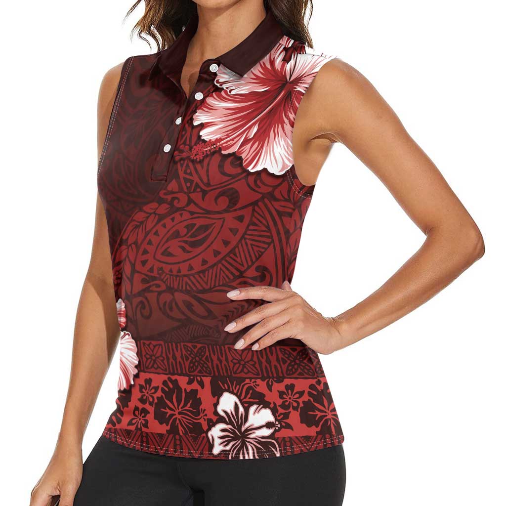 Hawaii Hibiscus With Oxblood Polynesian Pattern Women Sleeveless Polo Shirt