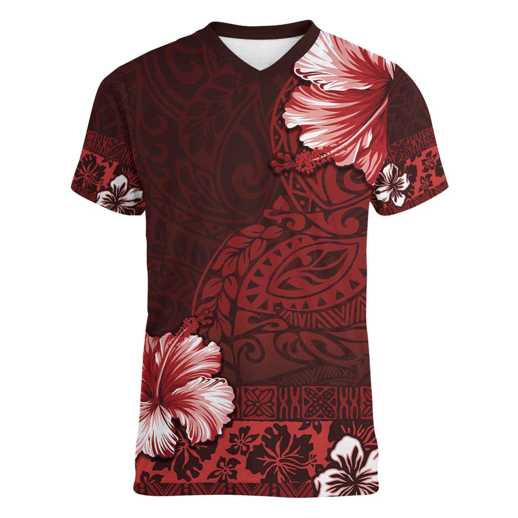 Hawaii Hibiscus With Oxblood Polynesian Pattern Women V-Neck T-Shirt