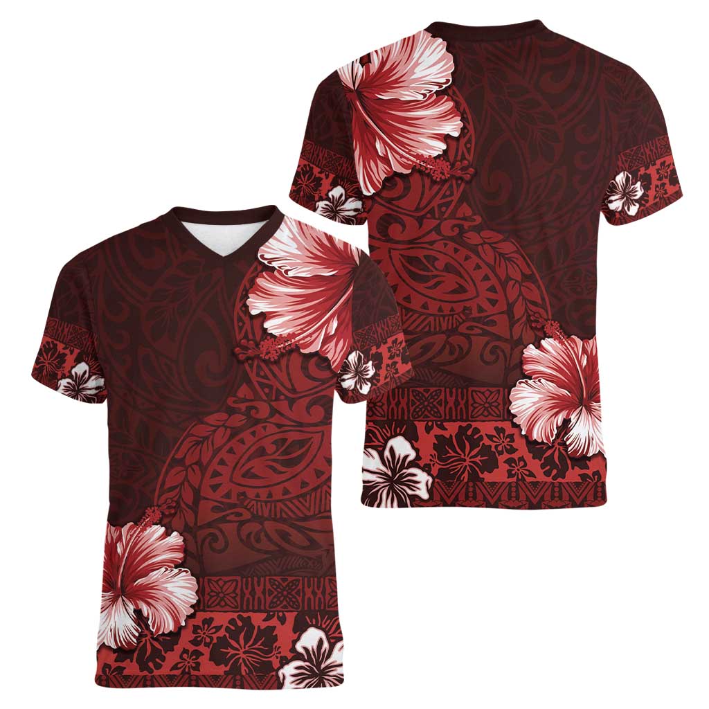 Hawaii Hibiscus With Oxblood Polynesian Pattern Women V-Neck T-Shirt
