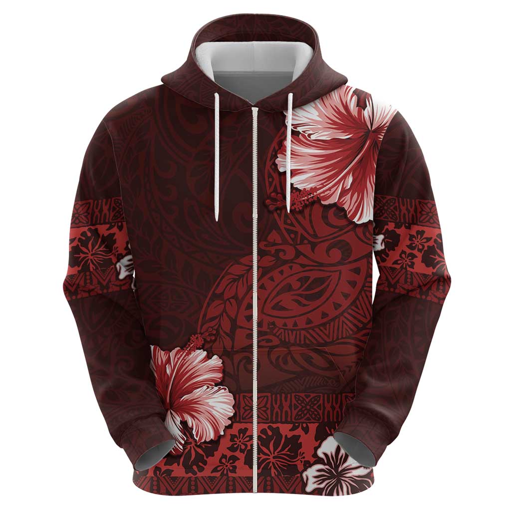 Hawaii Hibiscus With Oxblood Polynesian Pattern Zip Hoodie