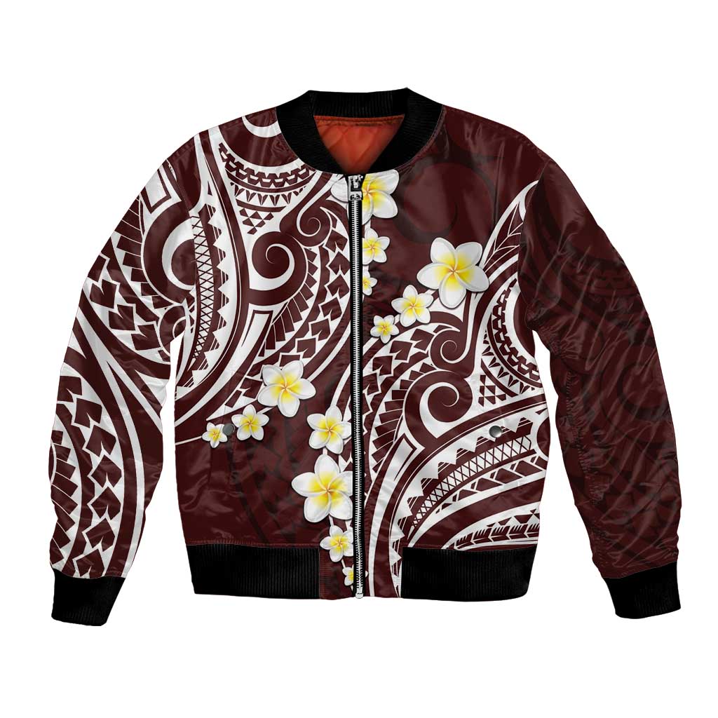 Plumeria With Oxblood Polynesian Tattoo Pattern Bomber Jacket