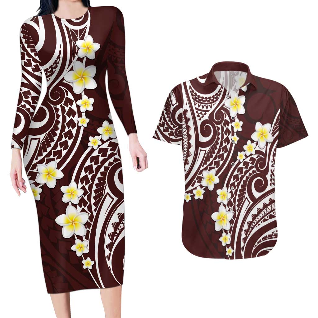 Plumeria With Oxblood Polynesian Tattoo Pattern Couples Matching Long Sleeve Bodycon Dress and Hawaiian Shirt