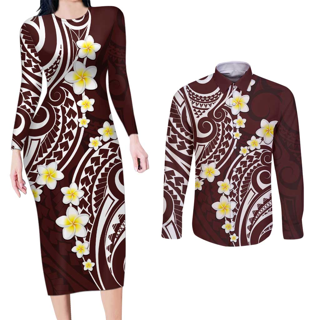 Plumeria With Oxblood Polynesian Tattoo Pattern Couples Matching Long Sleeve Bodycon Dress and Long Sleeve Button Shirt LT05 Red - Polynesian Pride
