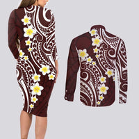 Plumeria With Oxblood Polynesian Tattoo Pattern Couples Matching Long Sleeve Bodycon Dress and Long Sleeve Button Shirt LT05 - Polynesian Pride