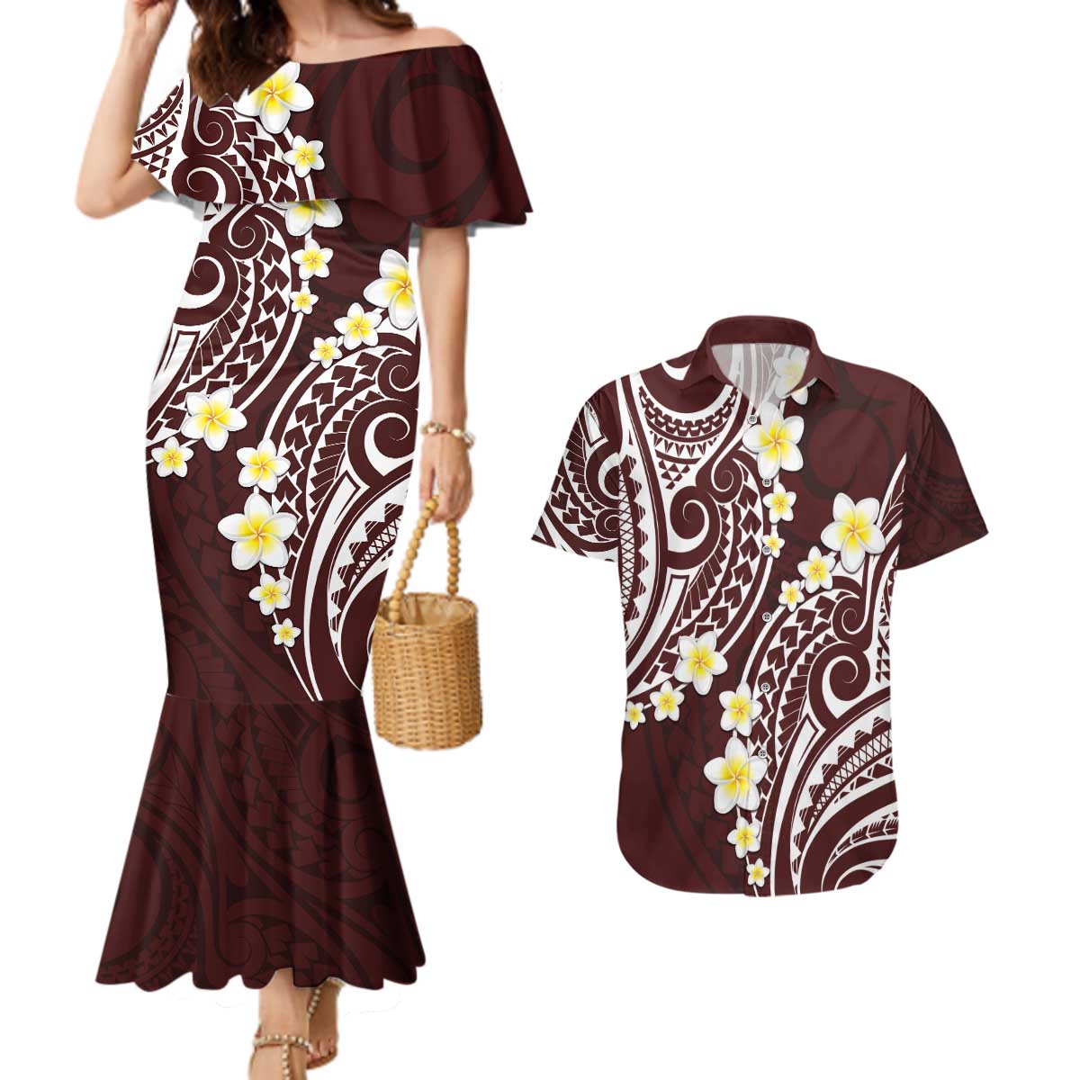 Plumeria With Oxblood Polynesian Tattoo Pattern Couples Matching Mermaid Dress and Hawaiian Shirt