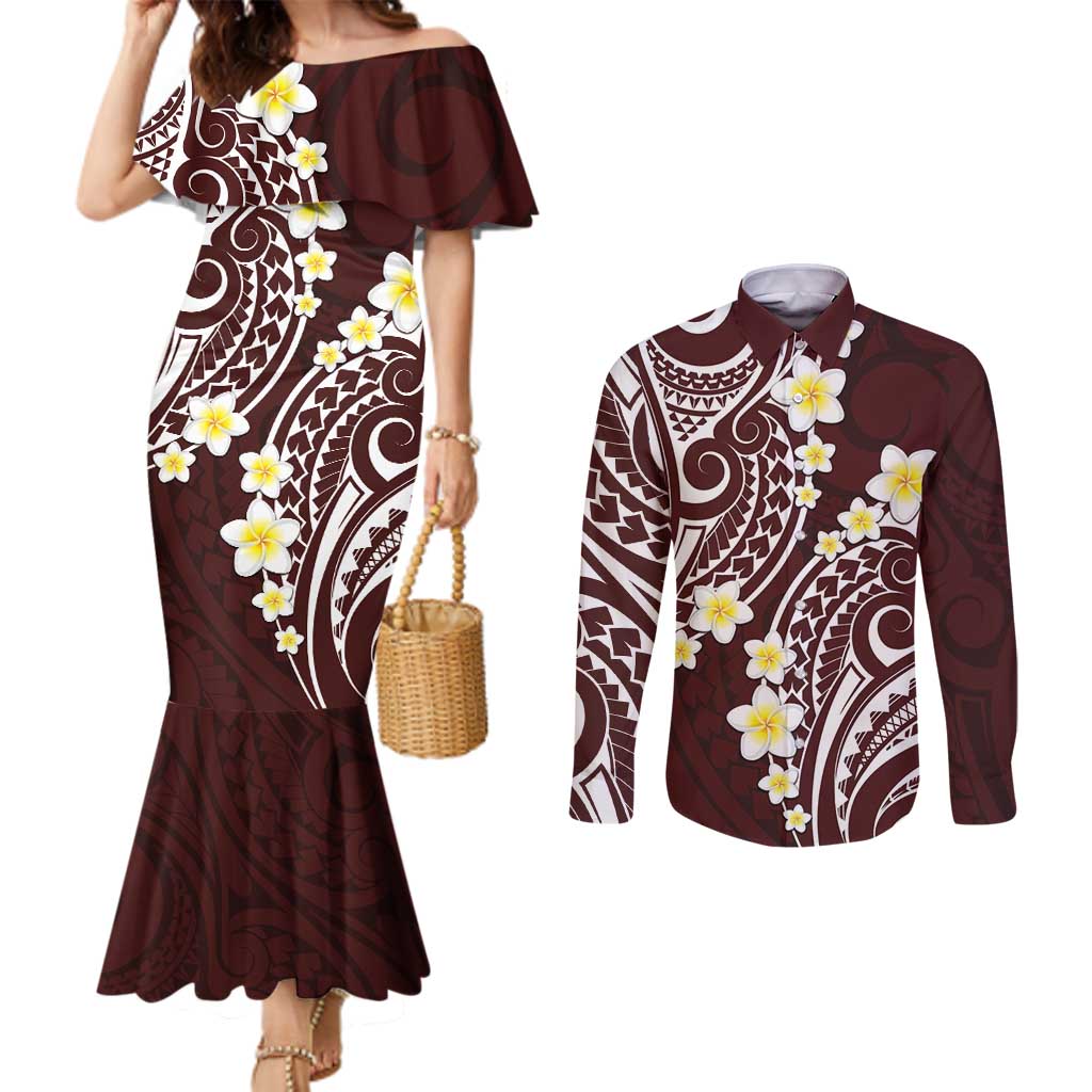Plumeria With Oxblood Polynesian Tattoo Pattern Couples Matching Mermaid Dress and Long Sleeve Button Shirt LT05 Red - Polynesian Pride
