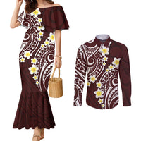 Plumeria With Oxblood Polynesian Tattoo Pattern Couples Matching Mermaid Dress and Long Sleeve Button Shirt LT05 Red - Polynesian Pride