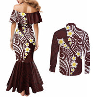 Plumeria With Oxblood Polynesian Tattoo Pattern Couples Matching Mermaid Dress and Long Sleeve Button Shirt LT05 - Polynesian Pride