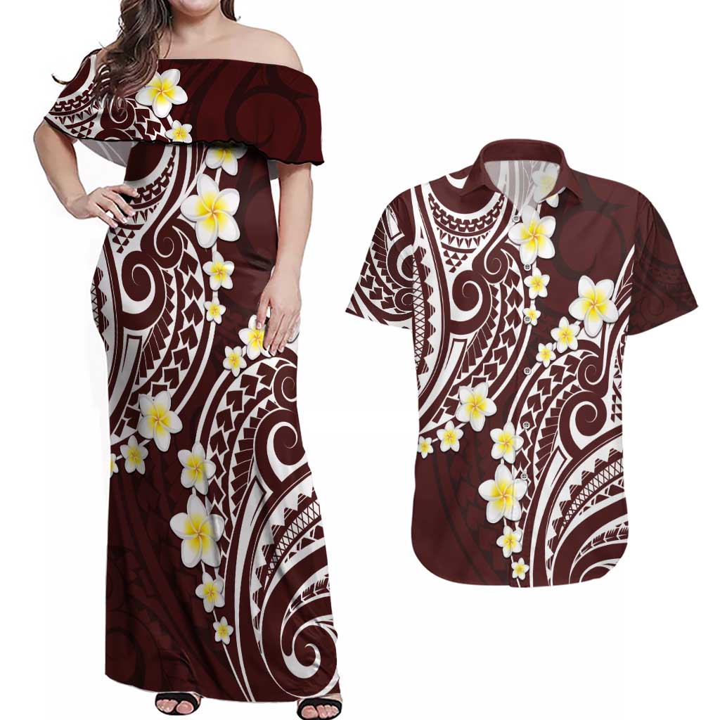 Plumeria With Oxblood Polynesian Tattoo Pattern Couples Matching Off Shoulder Maxi Dress and Hawaiian Shirt