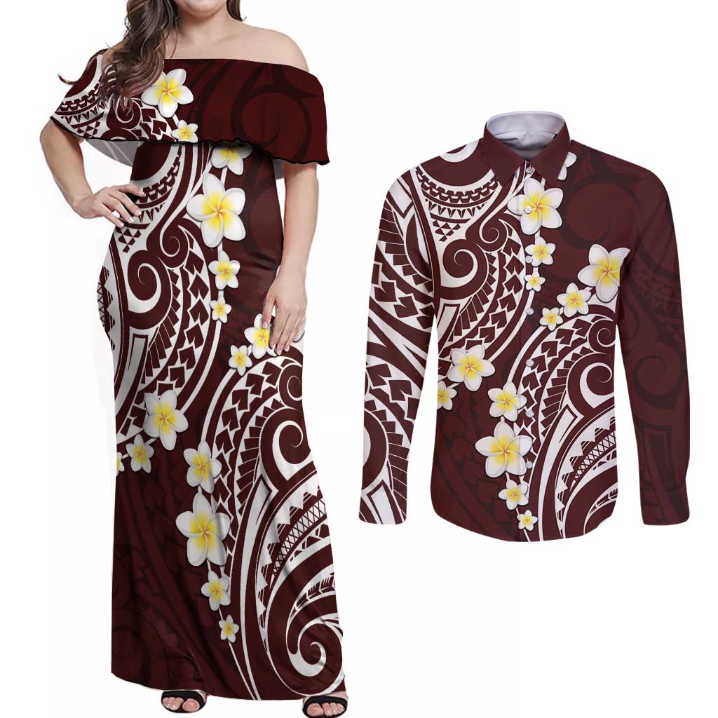 Plumeria With Oxblood Polynesian Tattoo Pattern Couples Matching Off Shoulder Maxi Dress and Long Sleeve Button Shirt LT05 Red - Polynesian Pride