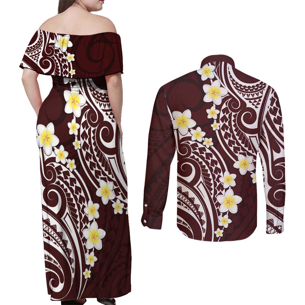 Plumeria With Oxblood Polynesian Tattoo Pattern Couples Matching Off Shoulder Maxi Dress and Long Sleeve Button Shirt LT05 - Polynesian Pride