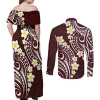 Plumeria With Oxblood Polynesian Tattoo Pattern Couples Matching Off Shoulder Maxi Dress and Long Sleeve Button Shirt LT05 - Polynesian Pride