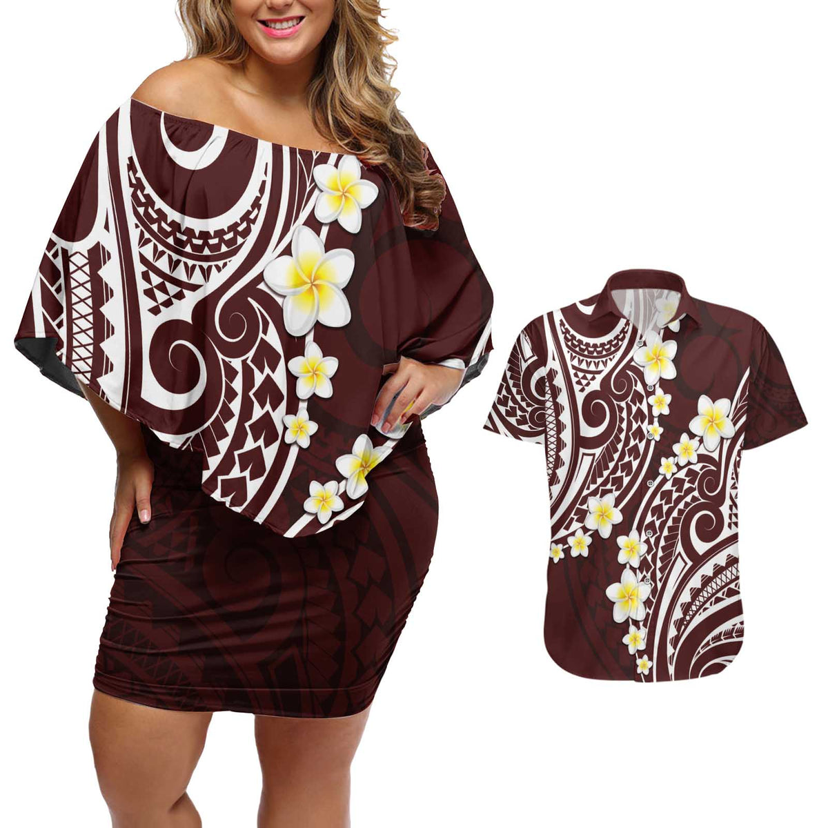 Plumeria With Oxblood Polynesian Tattoo Pattern Couples Matching Off Shoulder Short Dress and Hawaiian Shirt LT05 Red - Polynesian Pride