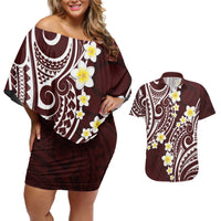 Plumeria With Oxblood Polynesian Tattoo Pattern Couples Matching Off Shoulder Short Dress and Hawaiian Shirt LT05 Red - Polynesian Pride