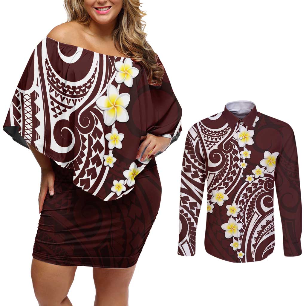 Plumeria With Oxblood Polynesian Tattoo Pattern Couples Matching Off Shoulder Short Dress and Long Sleeve Button Shirt LT05 Red - Polynesian Pride