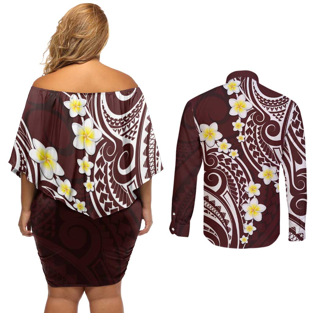 Plumeria With Oxblood Polynesian Tattoo Pattern Couples Matching Off Shoulder Short Dress and Long Sleeve Button Shirt LT05 - Polynesian Pride