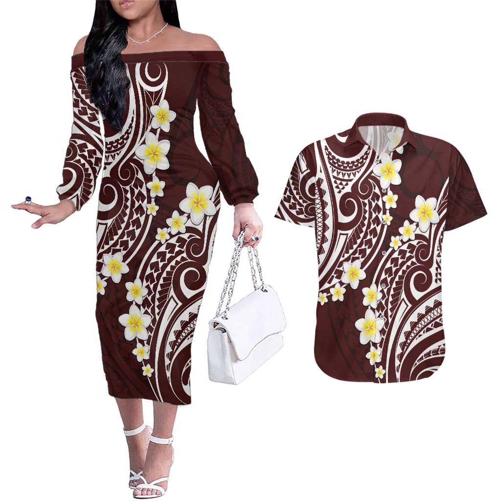 Plumeria With Oxblood Polynesian Tattoo Pattern Couples Matching Off The Shoulder Long Sleeve Dress and Hawaiian Shirt