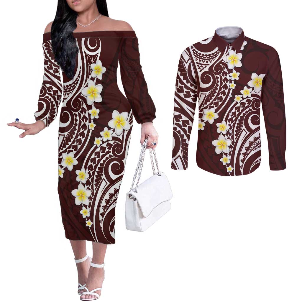 Plumeria With Oxblood Polynesian Tattoo Pattern Couples Matching Off The Shoulder Long Sleeve Dress and Long Sleeve Button Shirt LT05 Red - Polynesian Pride