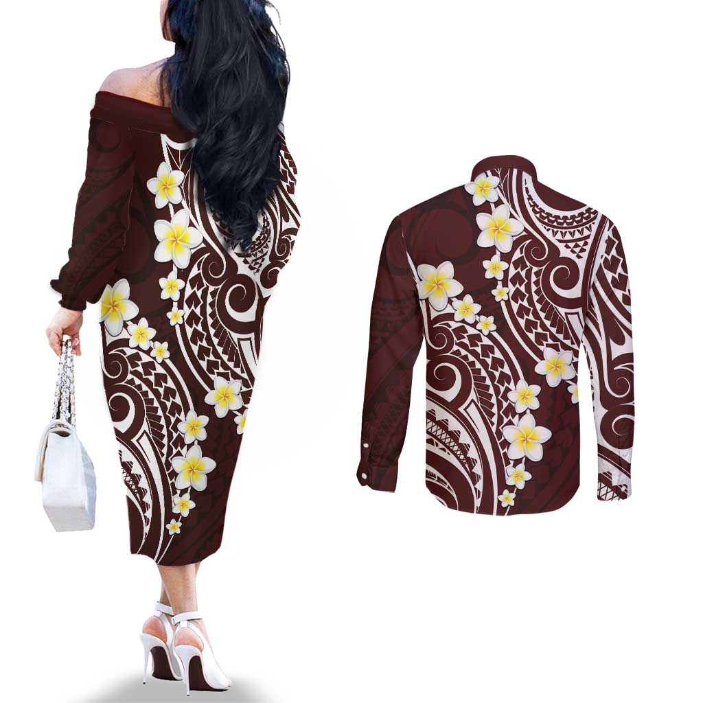 Plumeria With Oxblood Polynesian Tattoo Pattern Couples Matching Off The Shoulder Long Sleeve Dress and Long Sleeve Button Shirt LT05 - Polynesian Pride