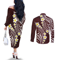 Plumeria With Oxblood Polynesian Tattoo Pattern Couples Matching Off The Shoulder Long Sleeve Dress and Long Sleeve Button Shirt LT05 - Polynesian Pride