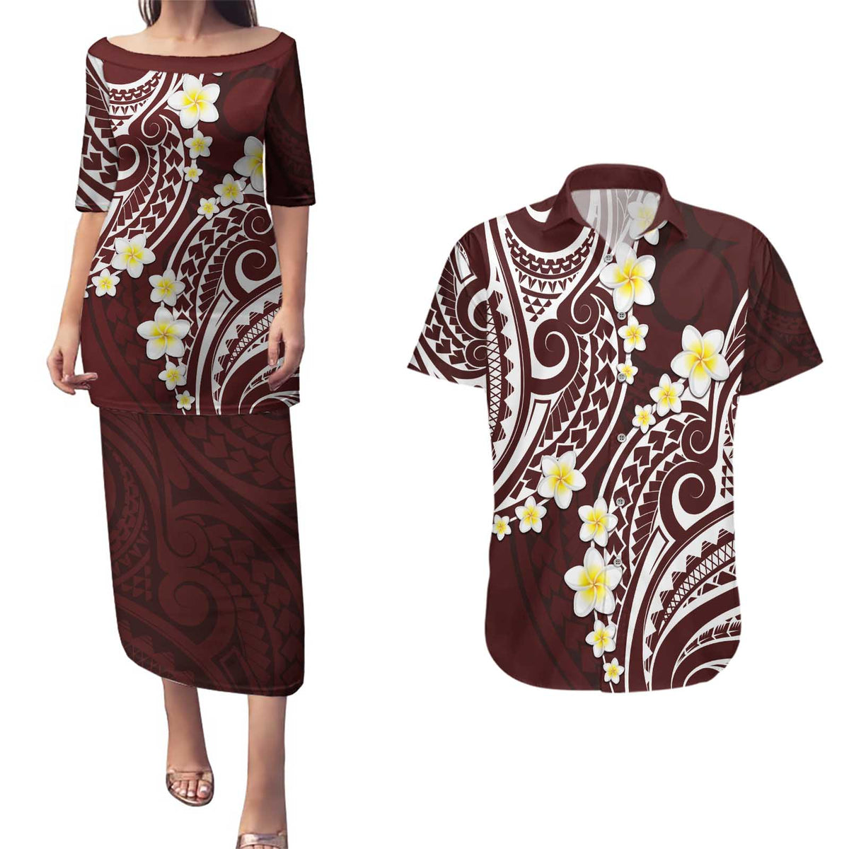 Plumeria With Oxblood Polynesian Tattoo Pattern Couples Matching Puletasi and Hawaiian Shirt LT05 Red - Polynesian Pride